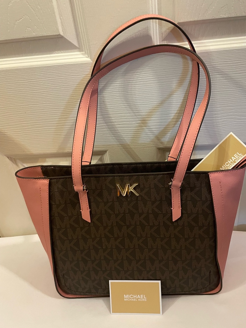 New MICHAEL KORS Sylvia Signature medium tote In the brown and primrose (pink)